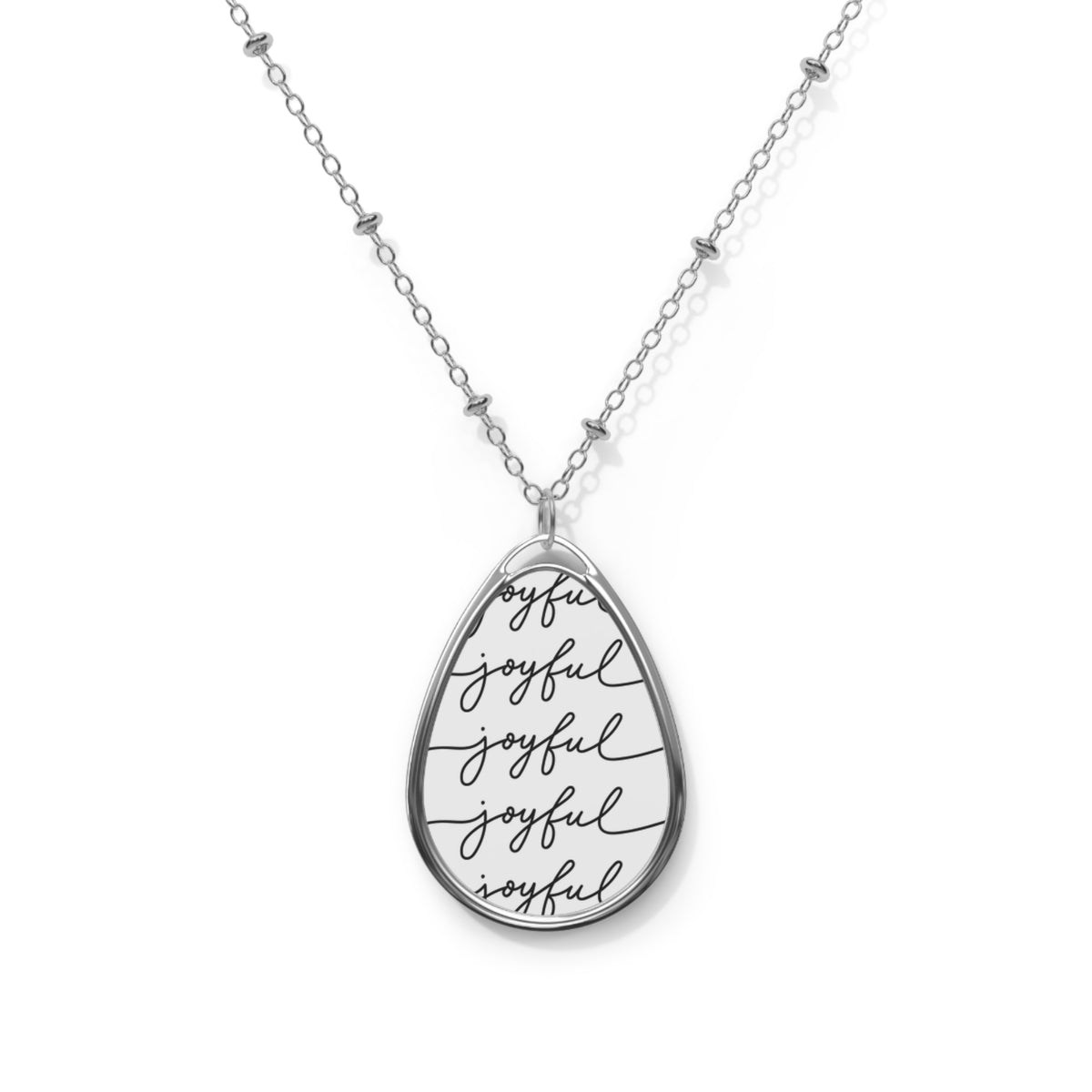 Joyful Script Oval Necklace — Engraved Teardrop Pendant on Silver Chain