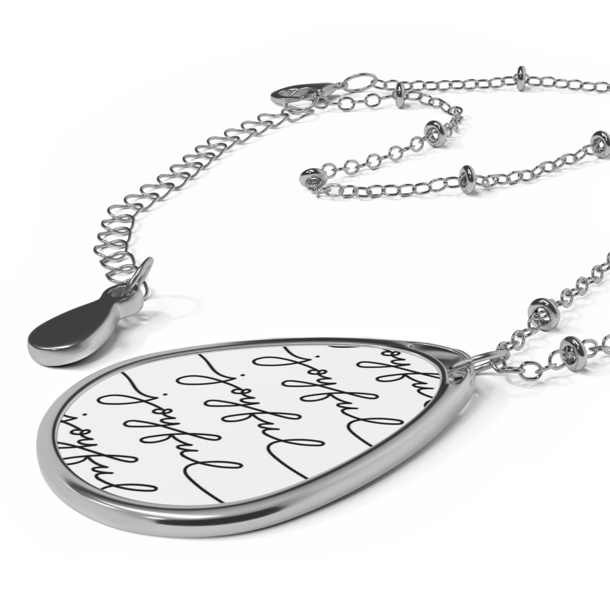Joyful Script Oval Necklace — Engraved Teardrop Pendant on Silver Chain