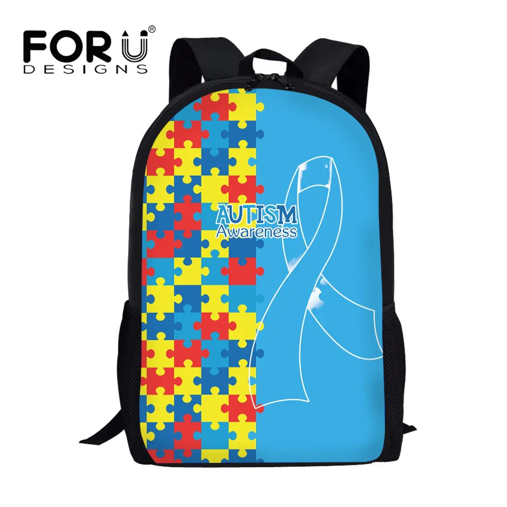 FORUDESIGNS Autism Awareness Pattern Schoolbags Christmas Backpack Casual Travel Daypack Campus Bag for Primary Student Mochila