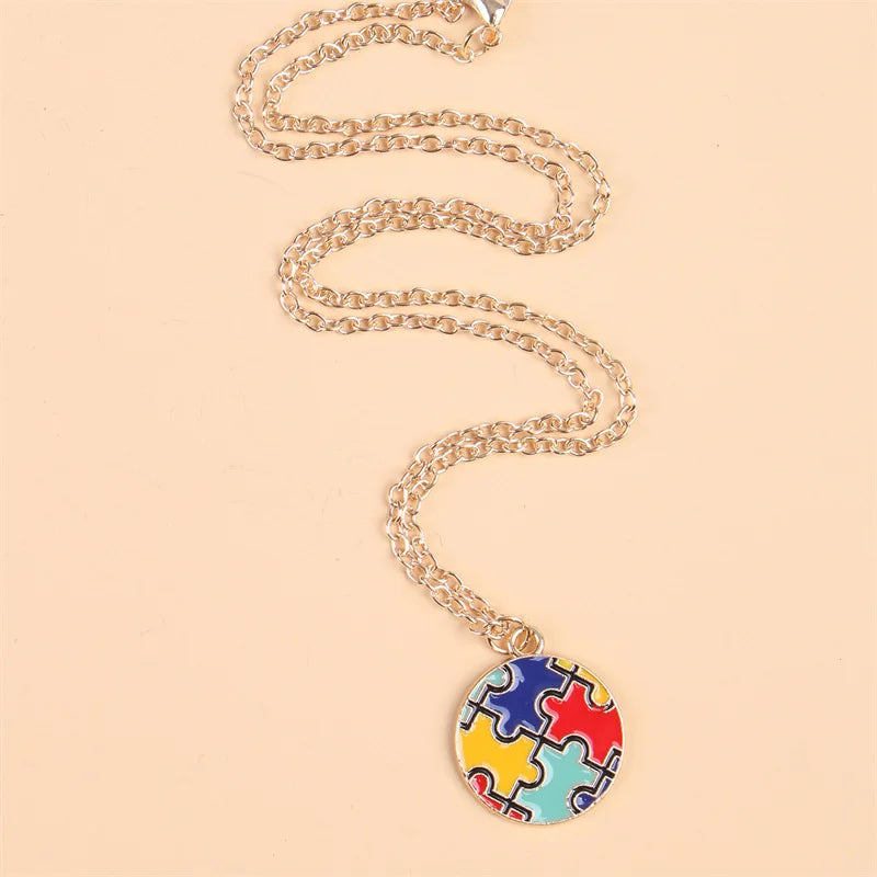 Creative Multi Color Puzzle Autism Awareness Enamel Pendant Necklace Best Friend Ladies Fashion Jewelry Accessories Gift Wholesa