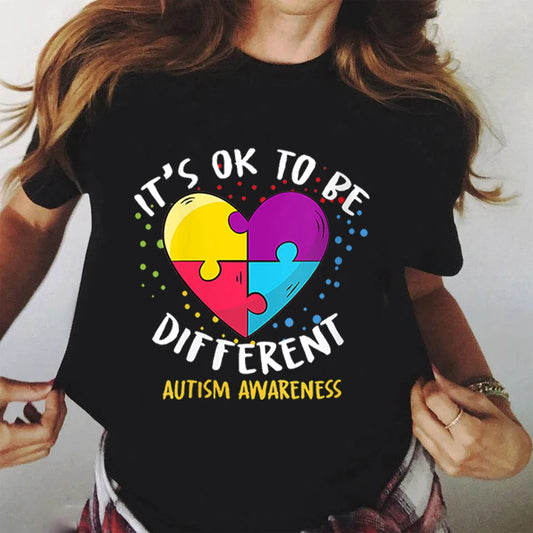 It's Ok To Be Different Autism Awareness Letter Print T-shirt Hip Hop Streetwear Tee Harajuku T Shirt Women Autism Awareness Top