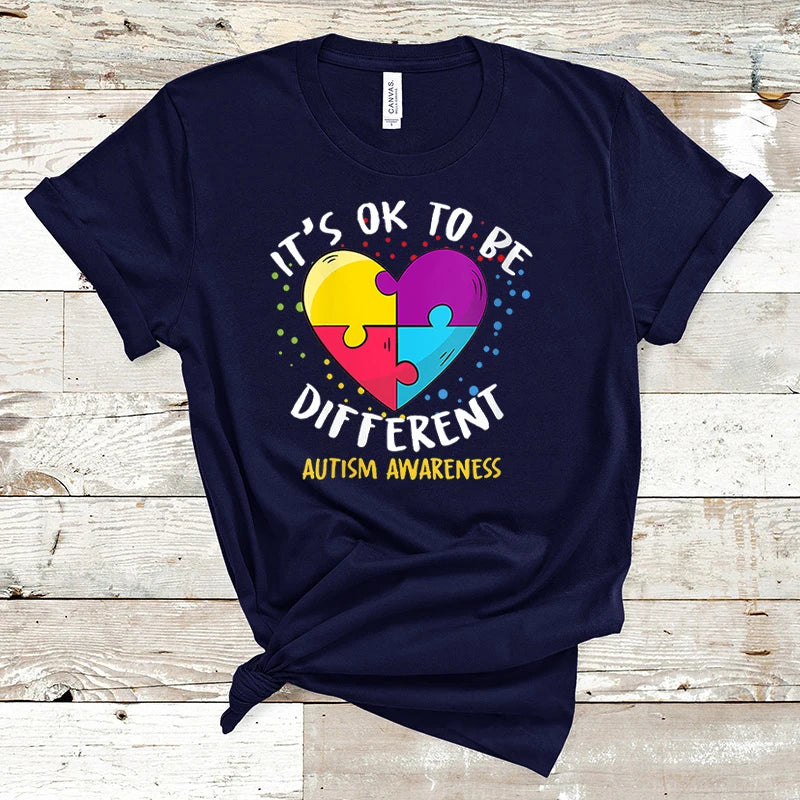 It's Ok To Be Different Autism Awareness Letter Print T-shirt Hip Hop Streetwear Tee Harajuku T Shirt Women Autism Awareness Top