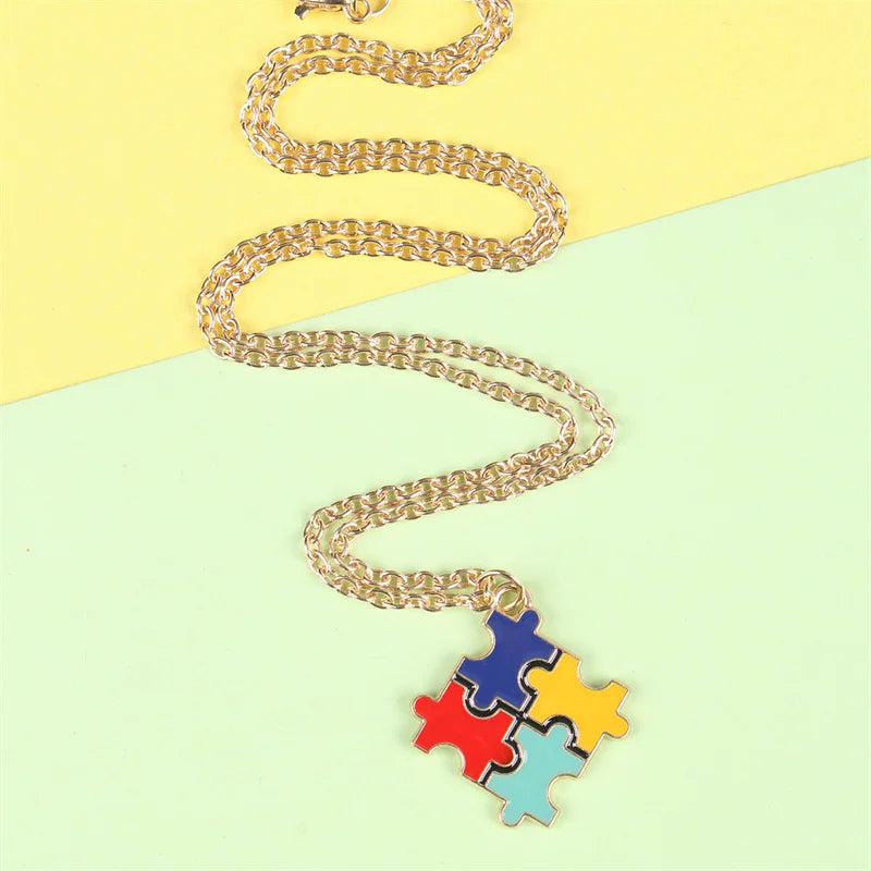 Creative Multi Color Puzzle Autism Awareness Enamel Pendant Necklace Best Friend Ladies Fashion Jewelry Accessories Gift Wholesa
