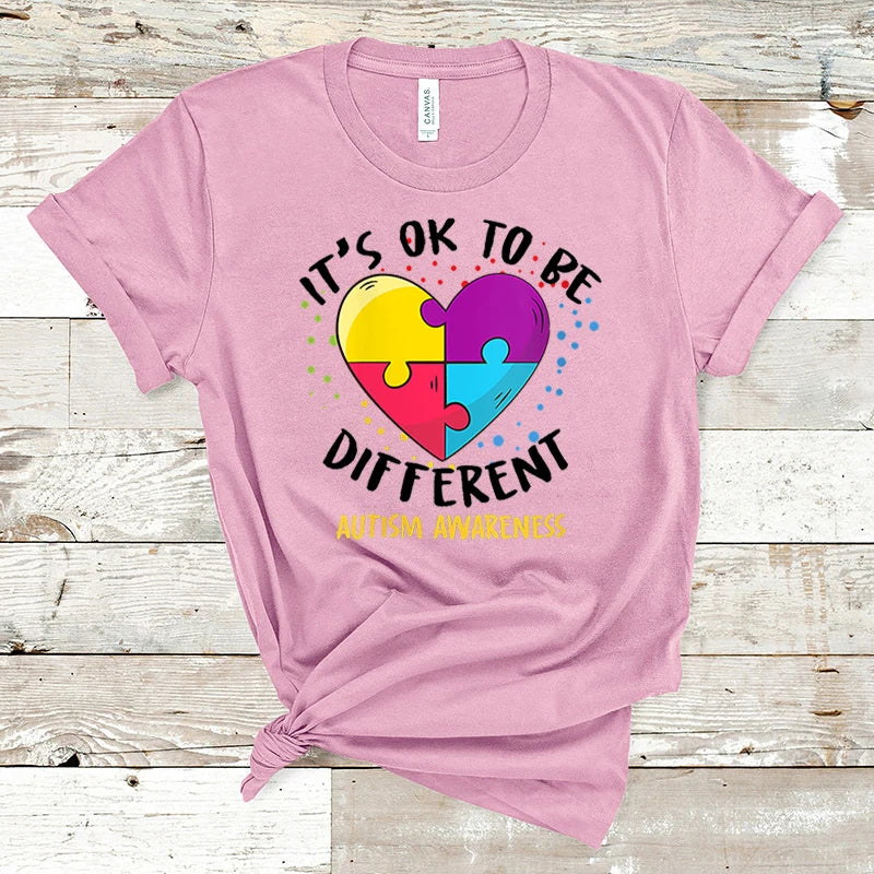 It's Ok To Be Different Autism Awareness Letter Print T-shirt Hip Hop Streetwear Tee Harajuku T Shirt Women Autism Awareness Top